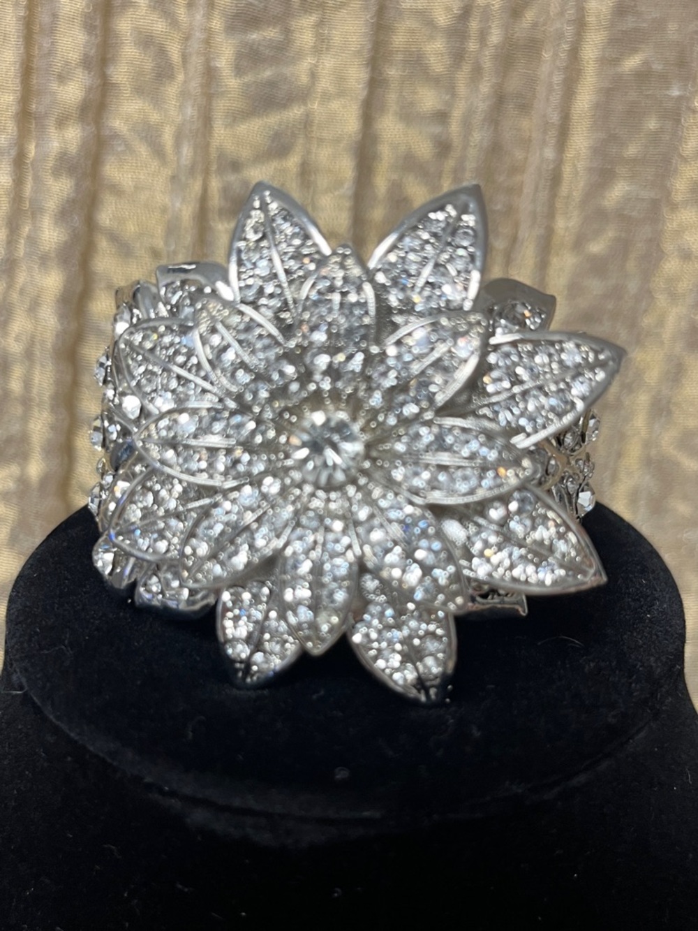 Silver Crystal Floral Statement Cuff Bracelet - Sparkling White